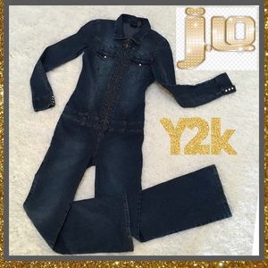 JLo Iconic Y2K Blue Denim Stretchy Jumpsuit Flare leg Zip up L
